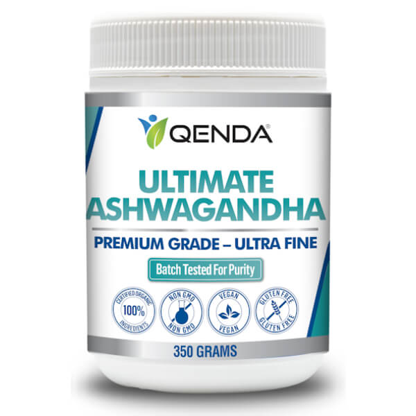 Qenda Ultimate Ashwagandha 350g supplement container on a white background