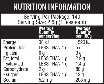 Nutrition information label for a product with serving size and energy content.