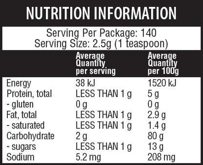 Nutrition information label for a product with serving size and energy content.