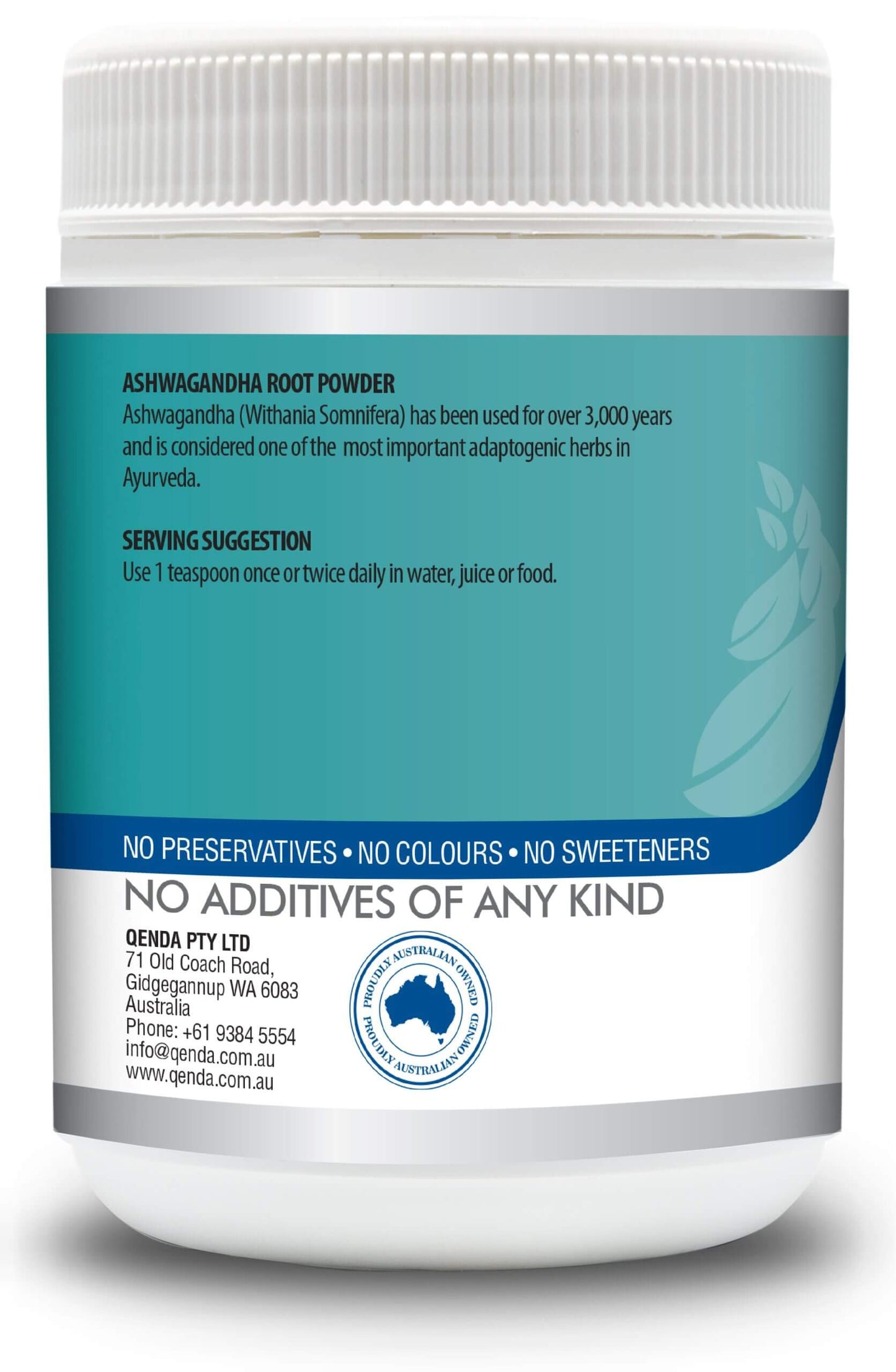 Container of Qenda Ultimate Ashwagandha 350g with a blue label on a white background
