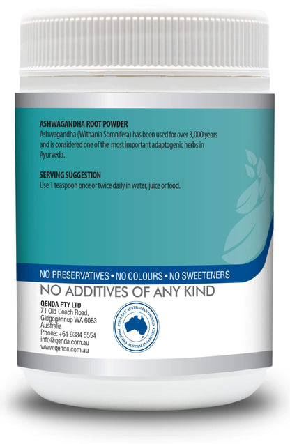 Container of Qenda Ultimate Ashwagandha 350g with a blue label on a white background