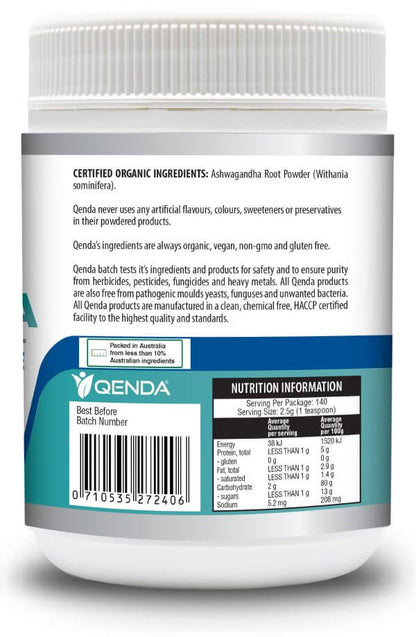 Container of Qenda Ultimate Ashwagandha 350g with certification and nutrition information on the label.