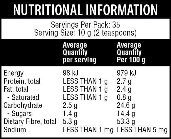 Qenda Ultimate Baobab 350g Organic Superfruit Powder nutritional information label for a product with serving size and quantity details.