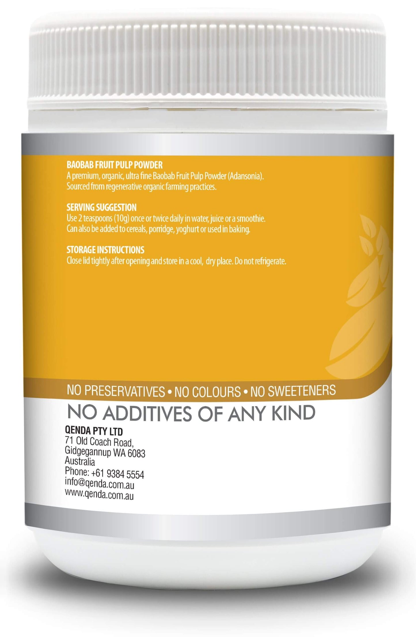 Qenda Ultimate Baobab 350g Organic Superfruit Powder container of Genda Pty Ltd with a focus on health and natural ingredients.