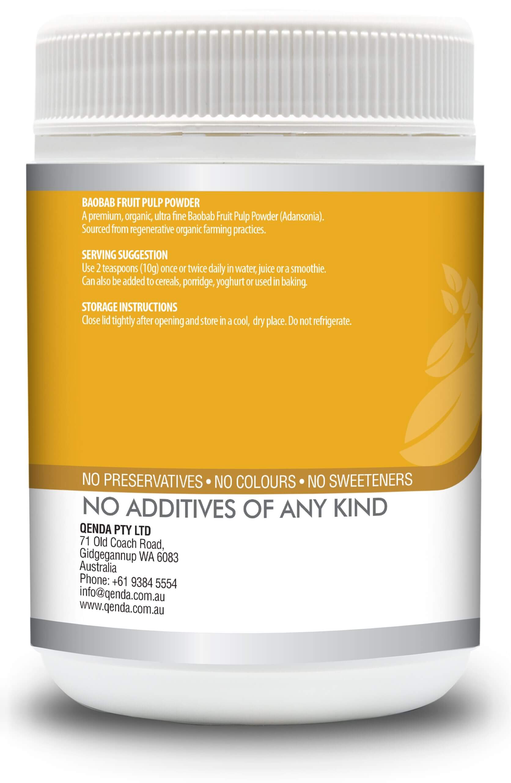 Qenda Ultimate Baobab 350g Organic Superfruit Powder container of Genda Pty Ltd with a focus on health and natural ingredients.