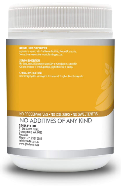 Qenda Ultimate Baobab 350g Organic Superfruit Powder container of Genda Pty Ltd with a focus on health and natural ingredients.
