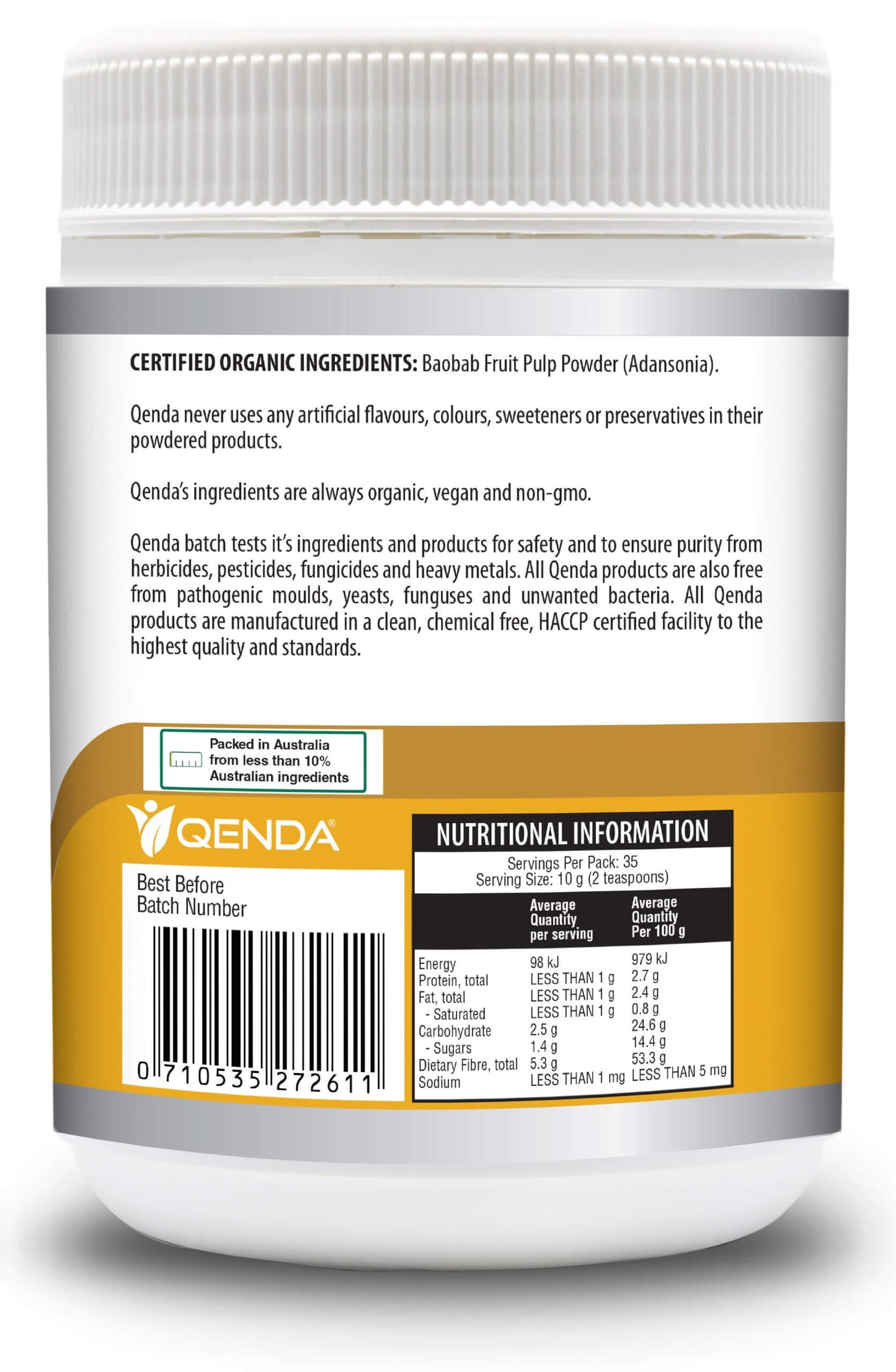 Qenda Ultimate Baobab 350g Organic Superfruit Powder supplement container with label showing nutritional information and ingredient details.