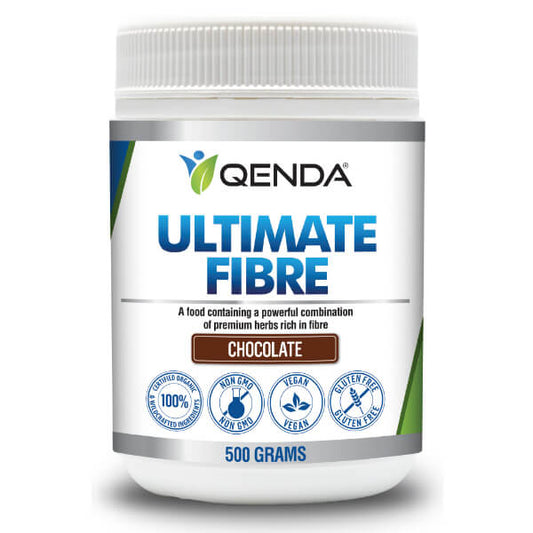 Qenda Ultimate Fibre 500g supplement container on a white background