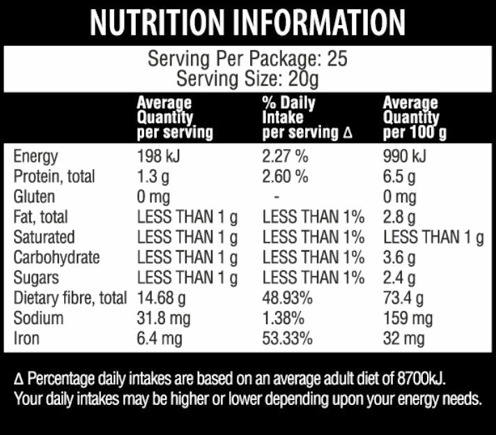 Nutrition information label of Qenda Ultimate Fibre Chocolate 500g – Organic Fibre Blend with details on energy, protein, fat, carbohydrates, fiber, sodium, and iron per serving.