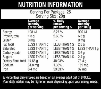 Nutrition information label of Qenda Ultimate Fibre Chocolate 500g – Organic Fibre Blend with details on energy, protein, fat, carbohydrates, fiber, sodium, and iron per serving.