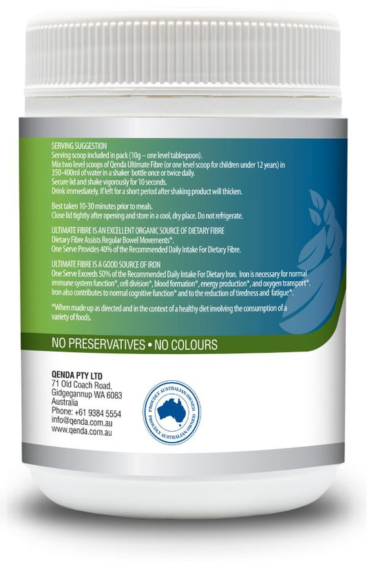 Back label of Qenda Ultimate Fibre Chocolate 500g – Organic Fibre Blend supplement container with text and branding