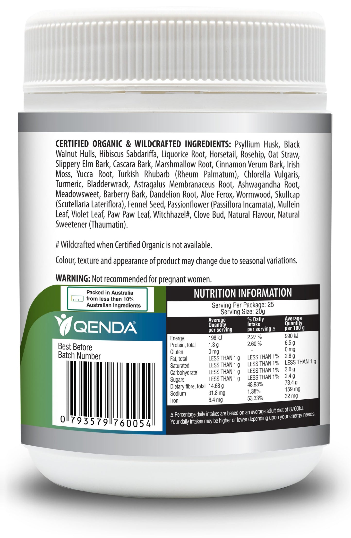 Back label of Qenda Ultimate Fibre Chocolate 500g – Organic Fibre Blend supplement container with certification details and nutrition information.