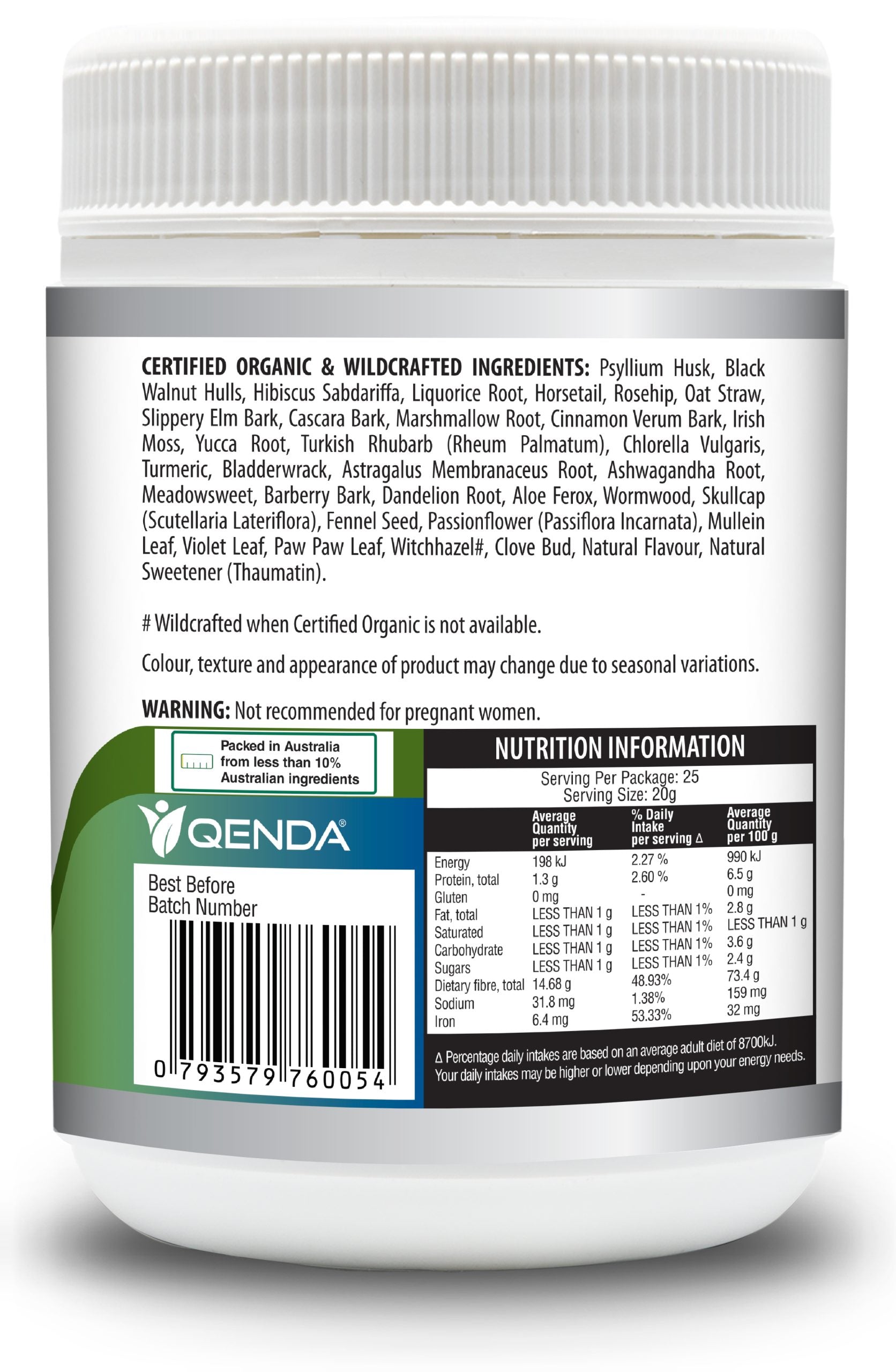Back label of Qenda Ultimate Fibre Chocolate 500g – Organic Fibre Blend supplement container with certification details and nutrition information.