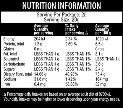 Qenda Ultimate Fibre – Original 500g nutrition information label with details on energy, protein, fat, carbohydrates, fiber, sodium, and iron per serving.