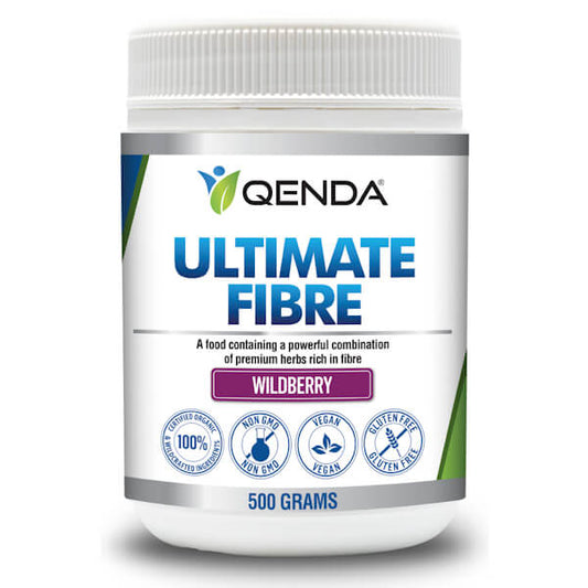 Qenda Ultimate Fibre – Wildberry 500g supplement container on a white background