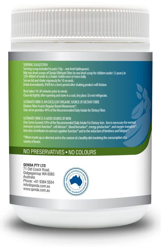 Qenda Ultimate Fibre – Wildberry 500g container label with text and branding on a white background