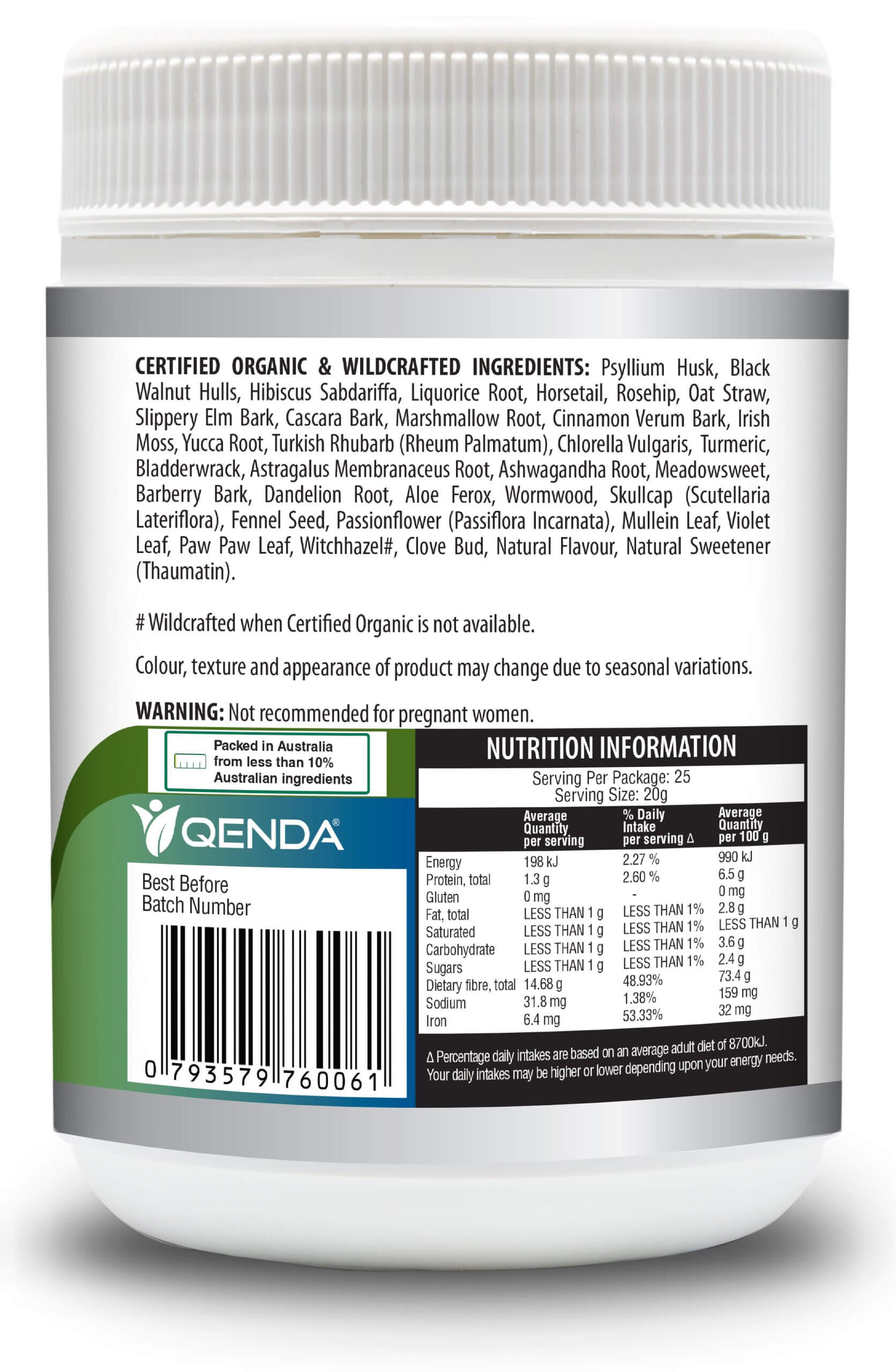 Back label of the Qenda Ultimate Fibre – Wildberry 500g supplement container with certification details and nutrition information.