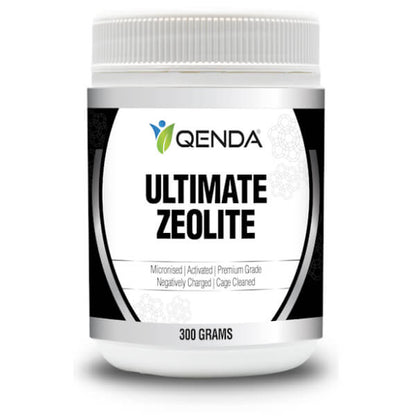 Qenda Ultimate Zeolite 300g Detox Supplement container on a white background