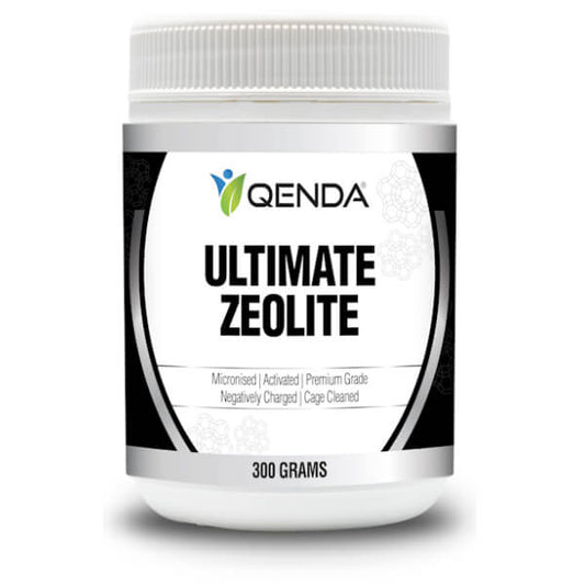 Qenda Ultimate Zeolite 300g Detox Supplement container on a white background