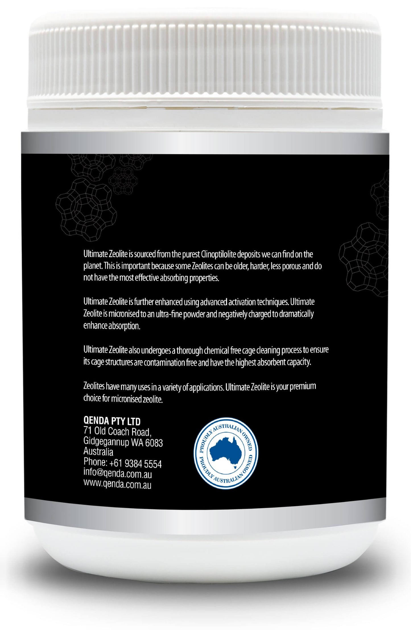 Back label of Qenda Ultimate Zeolite 300g Detox Supplement container with text and branding on a white background