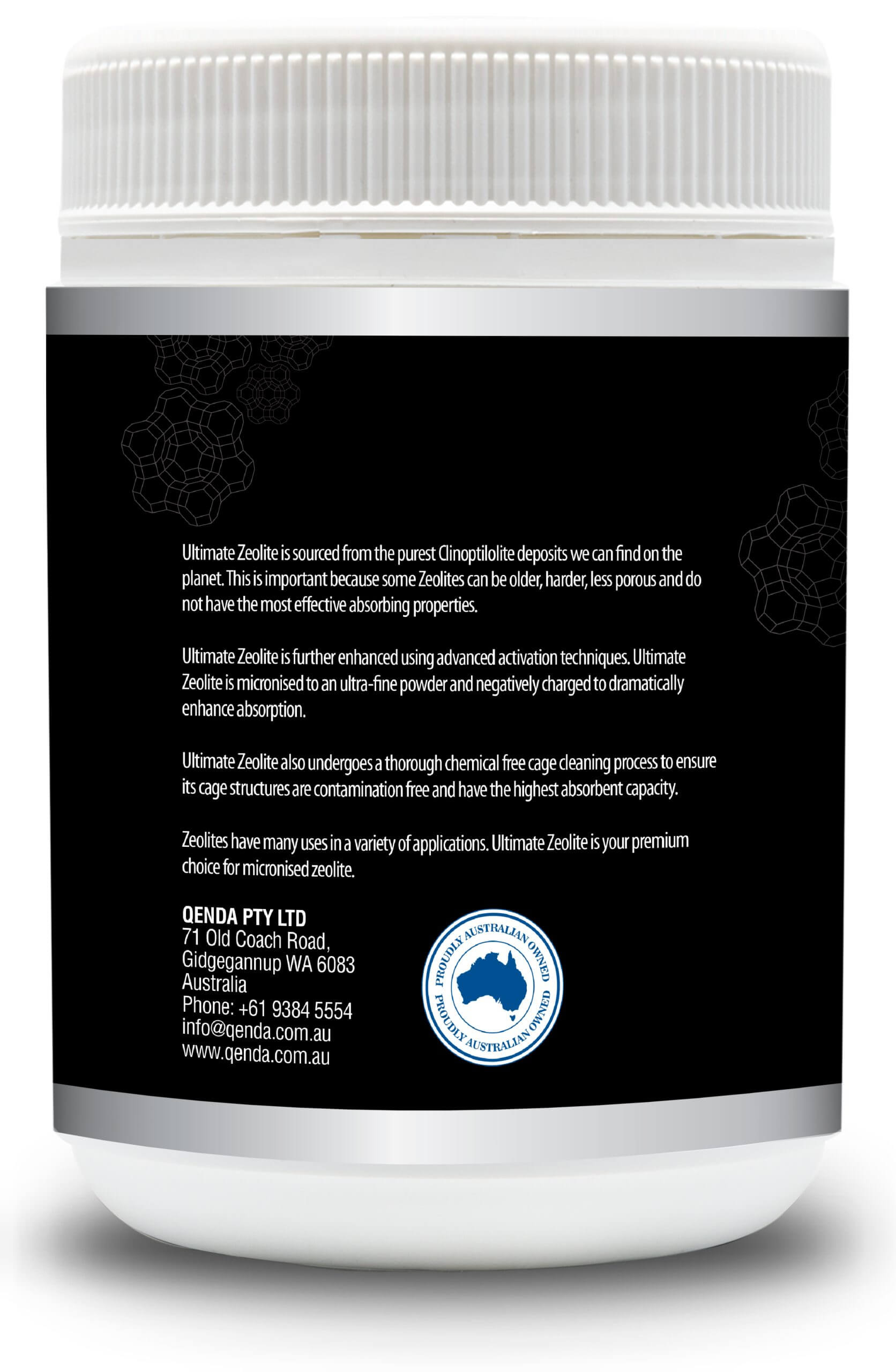 Back label of Qenda Ultimate Zeolite 300g Detox Supplement container with text and branding on a white background