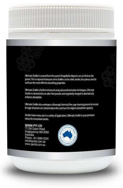 Back label of Qenda Ultimate Zeolite 300g Detox Supplement container with text and branding on a white background