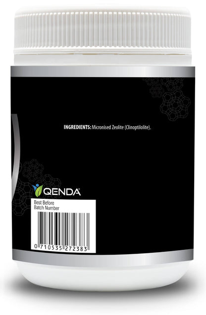 Qenda Ultimate Zeolite 300g Detox Supplement white container with black label featuring 'Qienda' brand on a white background