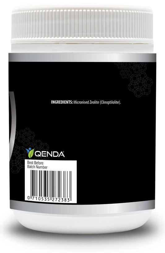 Qenda Ultimate Zeolite 300g Detox Supplement white container with black label featuring 'Qienda' brand on a white background