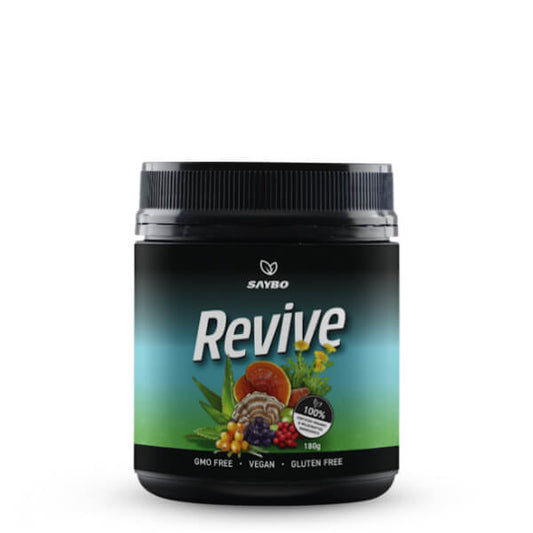 Supplement container labeled 'Revive' by Saybo on a white background