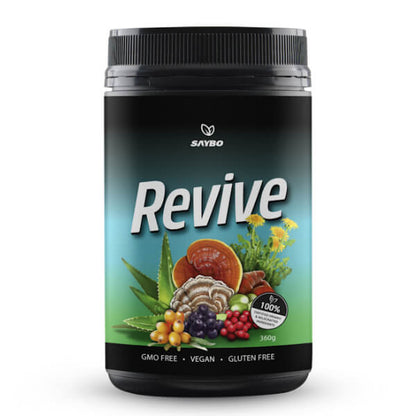 Supplement container labeled 'Revive' with natural ingredients on a white background