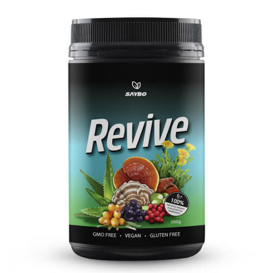 Supplement container labeled 'Revive' with natural ingredients on a white background