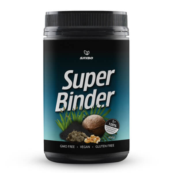 Supplement container labeled 'Super Binder' by Saybo on a white background