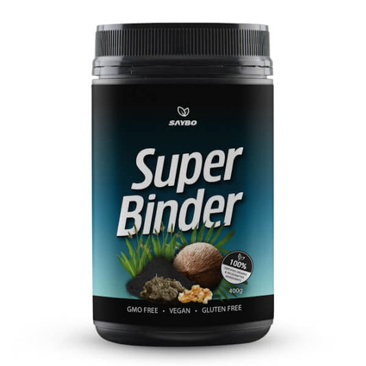 Supplement container labeled 'Super Binder' by Saybo on a white background