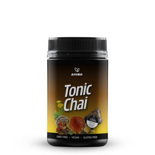 Jar of Tonic Chai with Saybo branding on a white background