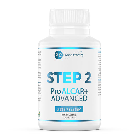 White supplement bottle labeled 'Step 2 Pro ALCAR+ Advanced' by PC Laboratories on a white background