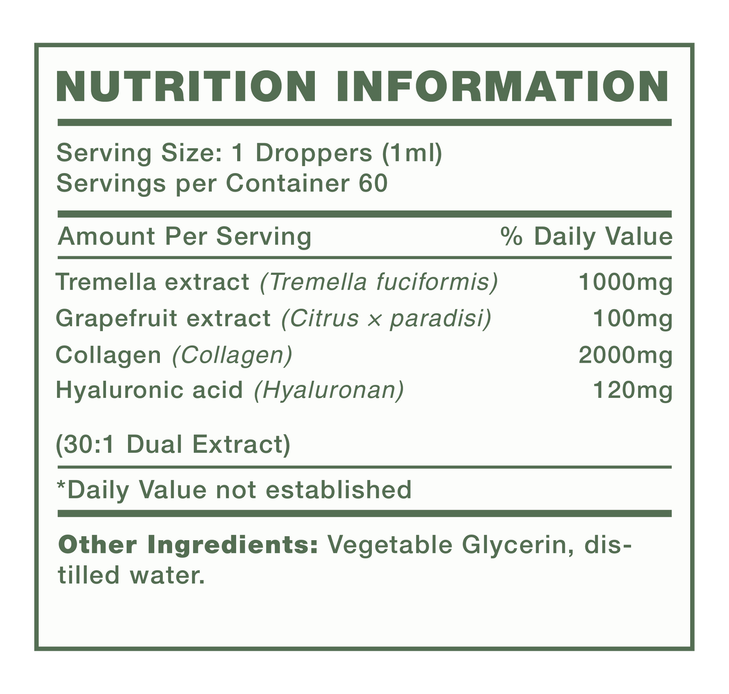 Mushify Skin Assist 60ml nutrition information label for a product with various extracts and ingredients.