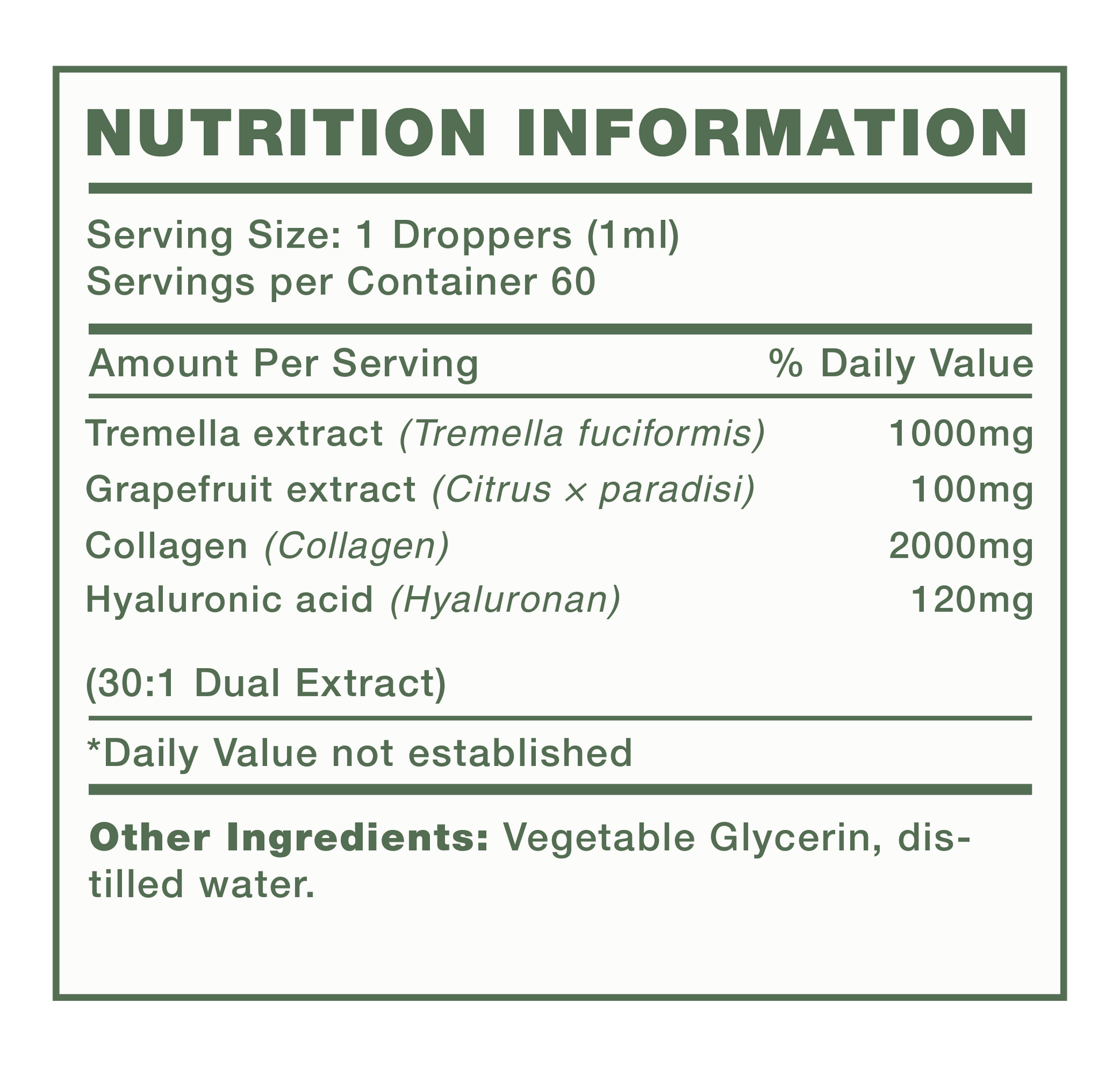 Mushify Skin Assist 60ml nutrition information label for a product with various extracts and ingredients.
