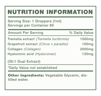 Mushify Skin Assist 60ml nutrition information label for a product with various extracts and ingredients.