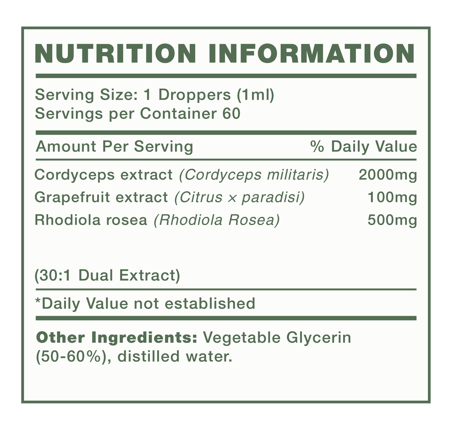 Immortal Health Pure Unfiltered Black Seed Oil nutrition information label for a supplement with Cordyceps extract, Grapefruit extract, and Rhodiola rosea.