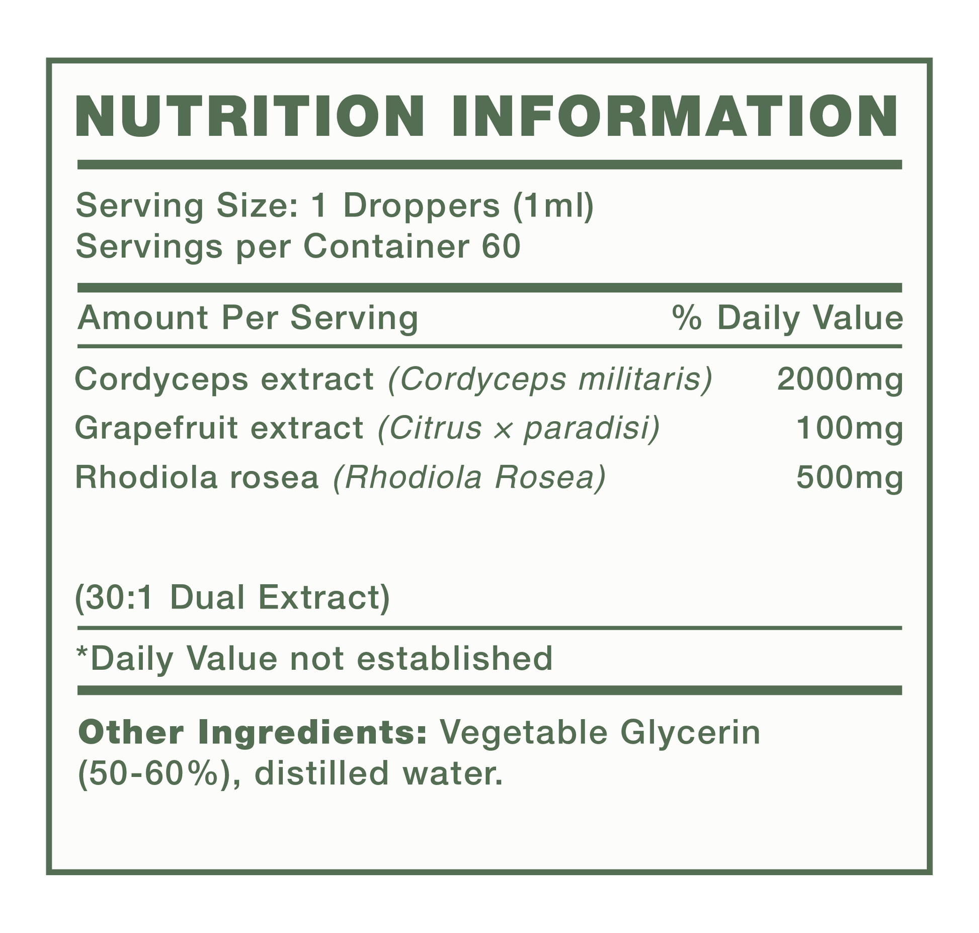 Immortal Health Pure Unfiltered Black Seed Oil nutrition information label for a supplement with Cordyceps extract, Grapefruit extract, and Rhodiola rosea.