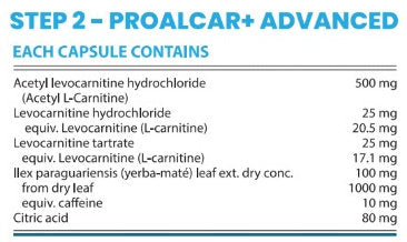 List of ingredients in Proalcar+ Advanced capsules with their respective amounts.