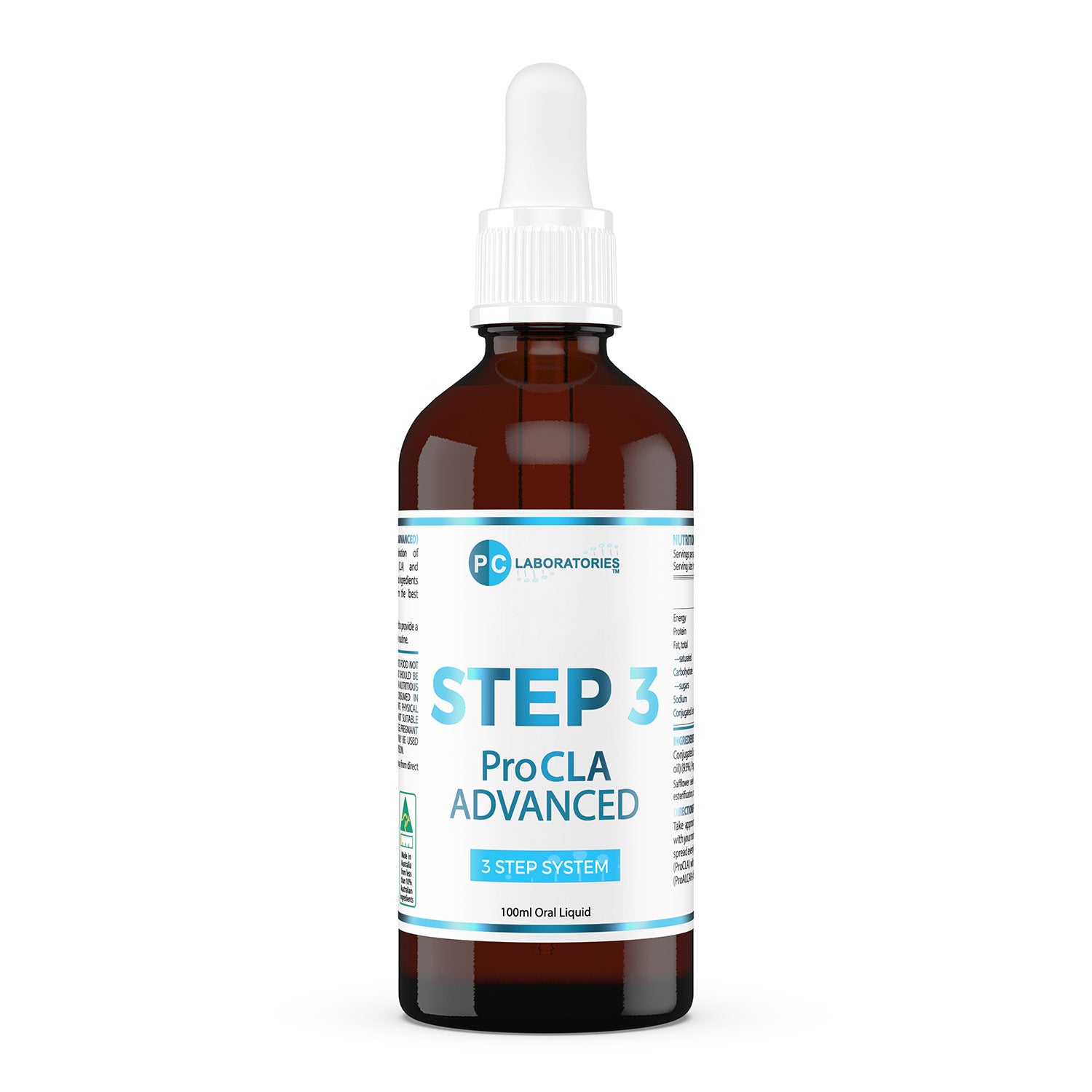 Bottle of ProCLA Advanced Step 3 with dropper on a white background