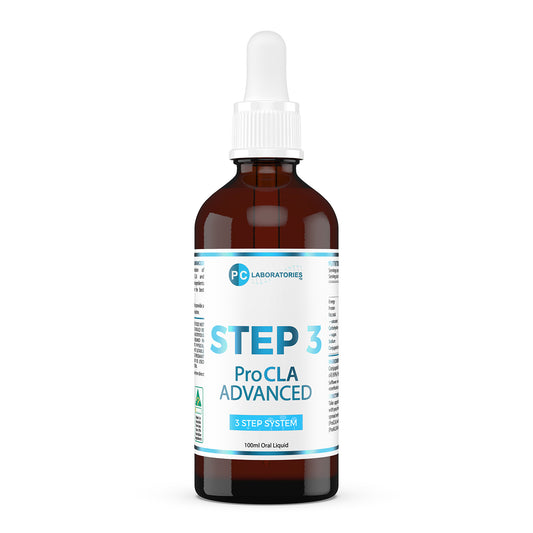 Bottle of ProCLA Advanced Step 3 with dropper on a white background