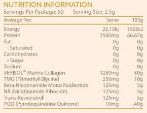Nutrition information label for a package of TheAgeHack LIV – Ultimate Age-Defying Formula with serving size and nutritional details.