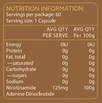 TheAgeHack NAD+ 125mg nutrition information label for a dietary supplement capsule