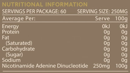 TheAgeHack NMN 125mg nutritional information label for a product with zero calories, protein, fat, carbohydrate, and sodium per serving.