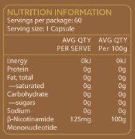 TheAgeHack NMN 125mg Nutrition information label for a dietary supplement capsule on a brown background