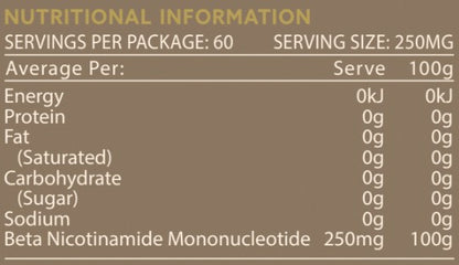 TheAgeHack NMN Powder 15g Nutritional information label with serving size and package details on a brown background