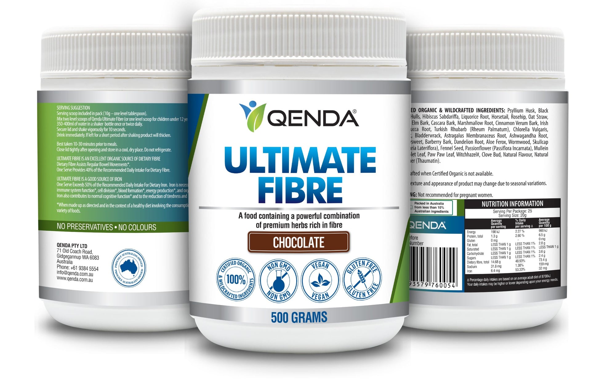 Three containers of Qenda Ultimate Fibre Chocolate 500g – Organic Fibre Blend supplement on a white background