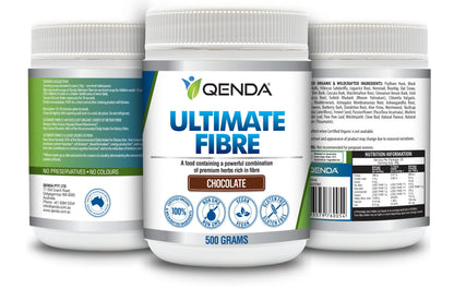 Three containers of Qenda Ultimate Fibre Chocolate 500g – Organic Fibre Blend supplement on a white background
